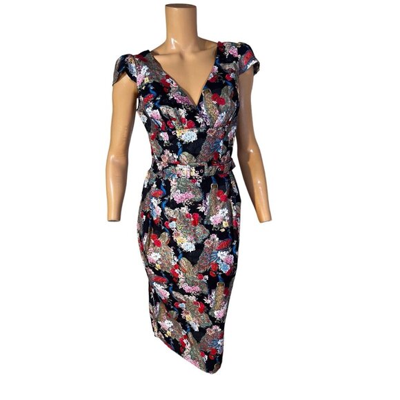 52 Greek Street Dress Women's 12 Black Faux Wrap Floral 100% Cotton Belted Midi - Picture 1 of 10